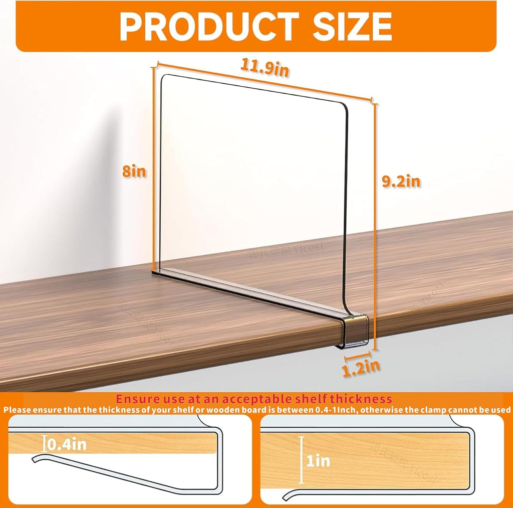 Yieach 6 Pack Clear Acrylic Shelf Divider for Closet Organization - 9.2″ Tall Closet Dividers for Wood Shelves,Cupboard,Vertical Shelf Separators in Closet for T-Shirt,Purse,Handbag,Sweater Organizer