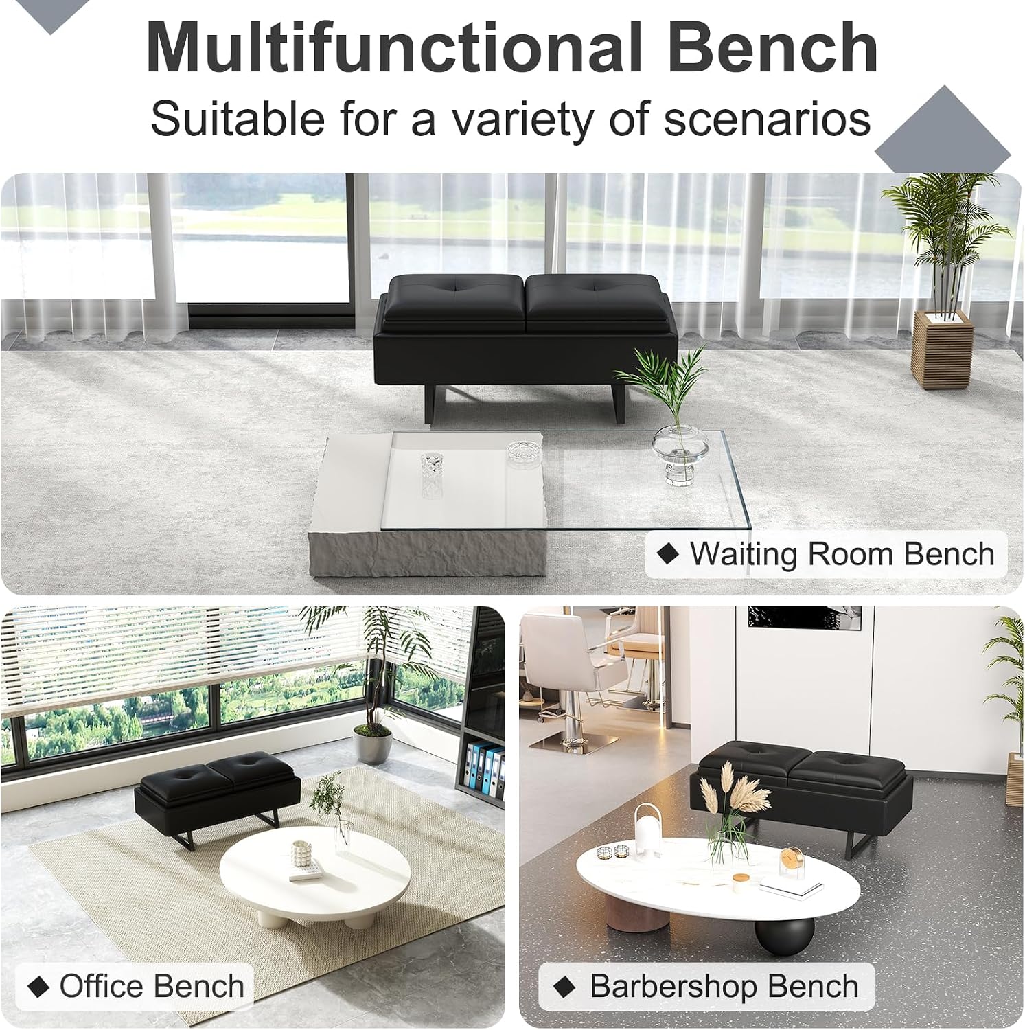 MOTION Leather Bench Waiting Room Chairs - 2 Seat Office Guest Reception Bench with Cushion, Upholered Waiting Room Bench Seating, Office Furniture Lobby Chairs for Salon, Shop, Black