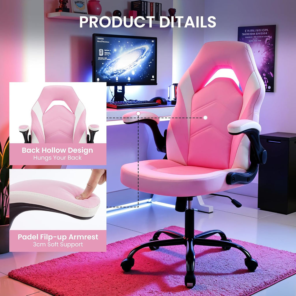 Ergonomic Gaming Desk Chair - Adjustable PU Leather Swivel Racing Chair with Flip-up Armrests for Home Office and Entertainment, Perfect for Adults, Kids, and Gamers