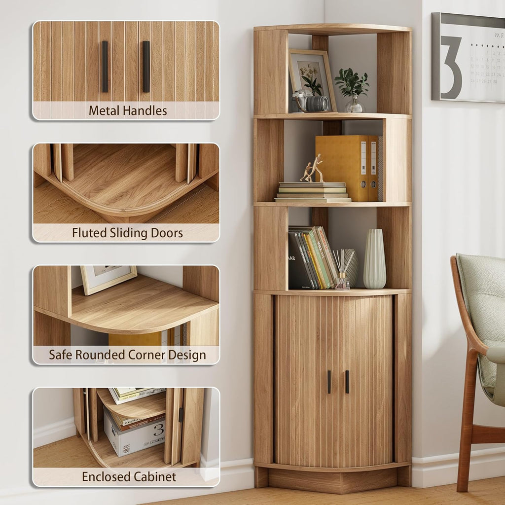 Corner Shelf, 5-Tier Corner Storage Cabinet with Fluted Doors, 64.6" Corner Shelves Bookshelf Stand Display Rack for Bedroom, Living Room, Kitchen, Home Office, Oak