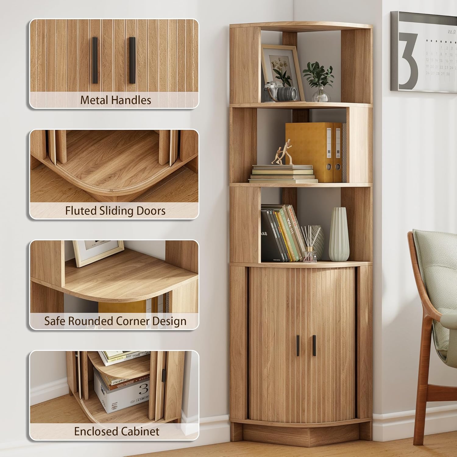 Corner Shelf, 5-Tier Corner Storage Cabinet with Fluted Doors, 64.6" Corner Shelves Bookshelf Stand Display Rack for Bedroom, Living Room, Kitchen, Home Office, Oak