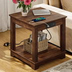 CHOEZON Farmhouse End Table with Charging Station, 2-Tier Large Side Table, Square Side Table, Nightstand, Fridge Stand, for Living Room, Bedroom, Kitchen, Walnut MBZ15UHT