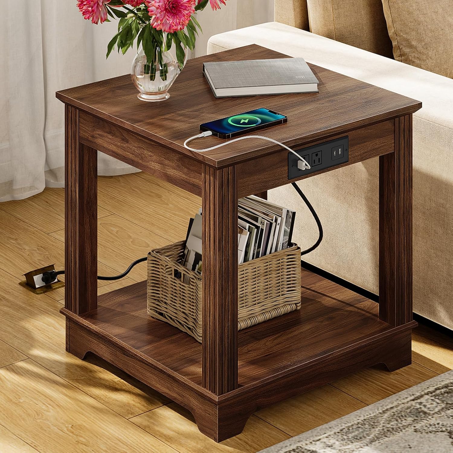 CHOEZON Farmhouse End Table with Charging Station, 2-Tier Large Side Table, Square Side Table, Nightstand, Fridge Stand, for Living Room, Bedroom, Kitchen, Walnut MBZ15UHT