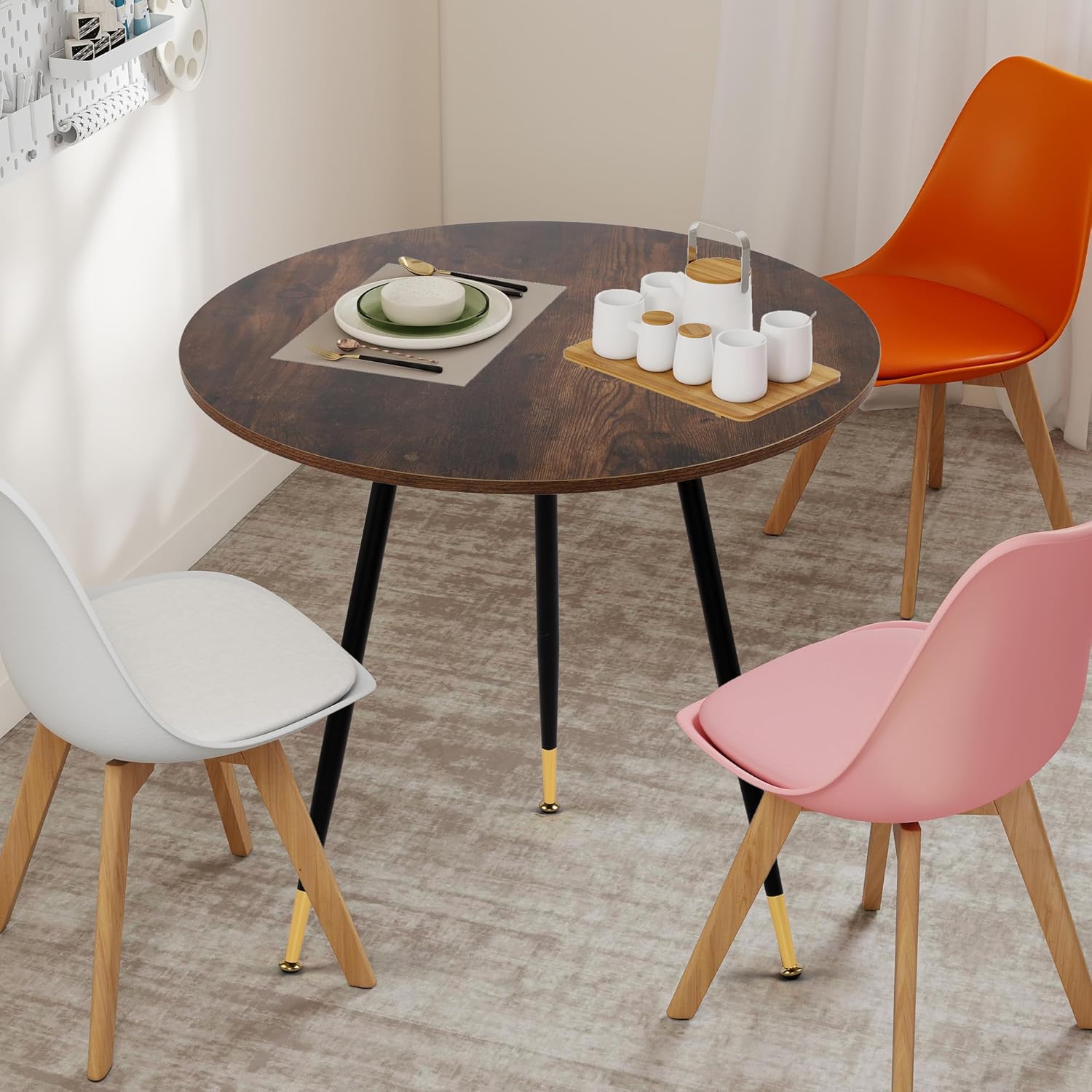 Round Dining Table, 23.6" Kitchen Dining Table with Thickened Tabletop and Metal Pedestal,Mid Century Modern Bistro Table for Dining Room,Small Places, Living Room,Cafe (Brown)