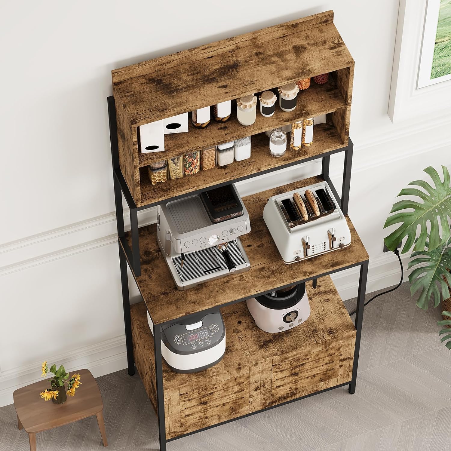 Garvee Bakers Rack with Storage Cabinet, 68" Industrial 6-Tier Kitchen Storage Shelf with Cabinet,Microwave Stand,Shelves,Freestanding Coffee Bar for Pots, Spices & Kitchen Essentials