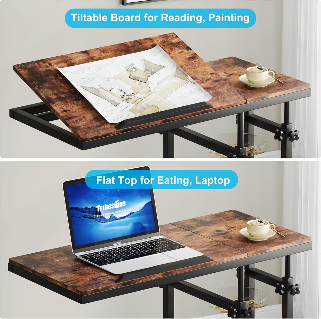 Tribesigns Adjustable Height Rolling C-Table, Mobile Side Table with Tiltable Top & Double Shelves, Vintage Brown C-Shaped End Table for Sofa, Bed, Living Room