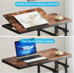 Tribesigns Adjustable Height Rolling C-Table, Mobile Side Table with Tiltable Top & Double Shelves, Vintage Brown C-Shaped End Table for Sofa, Bed, Living Room