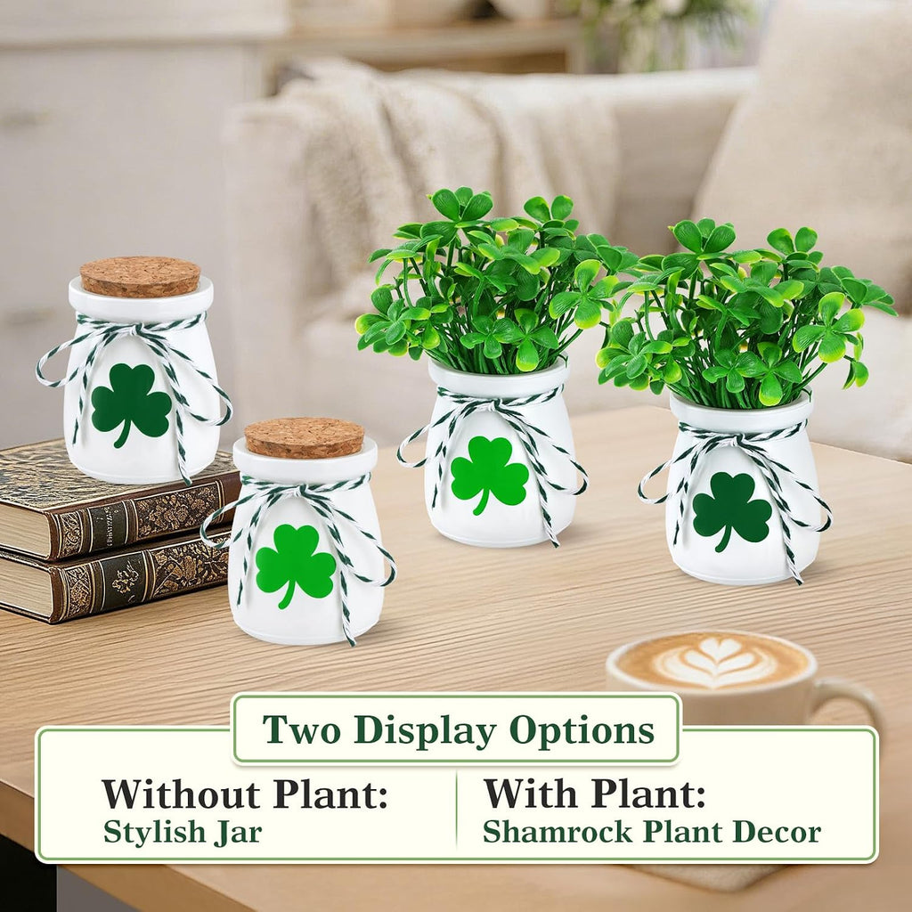 St. Patrick’s Day Decorations for Table – 4 Pack Mini Shamrock Decoration Vases with Artificial Shamrock Picks, St Patrick’s Day Decor for Home & Office