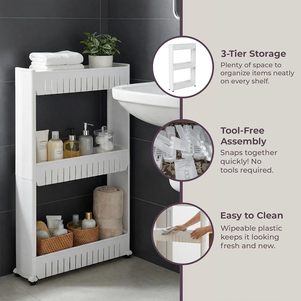 Lavish Home 3 Tier Shelf Rolling Cart - Narrow-Space Kitchen or Bathroom Shelf Organizer Cart - Slim Slide-Out Storage Shelves for Kitchen, Bathroom, Laundry and Pantry