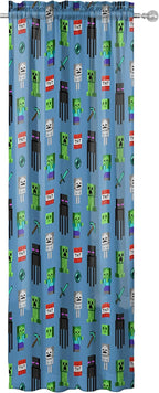 Jay Franco Kids Window Drapes - 4 Piece Curtain Set Includes 2 Tiebacks, Beautiful Bedding Room Décor and Easy Set Up, Blue - Minecraft, 63 Inch