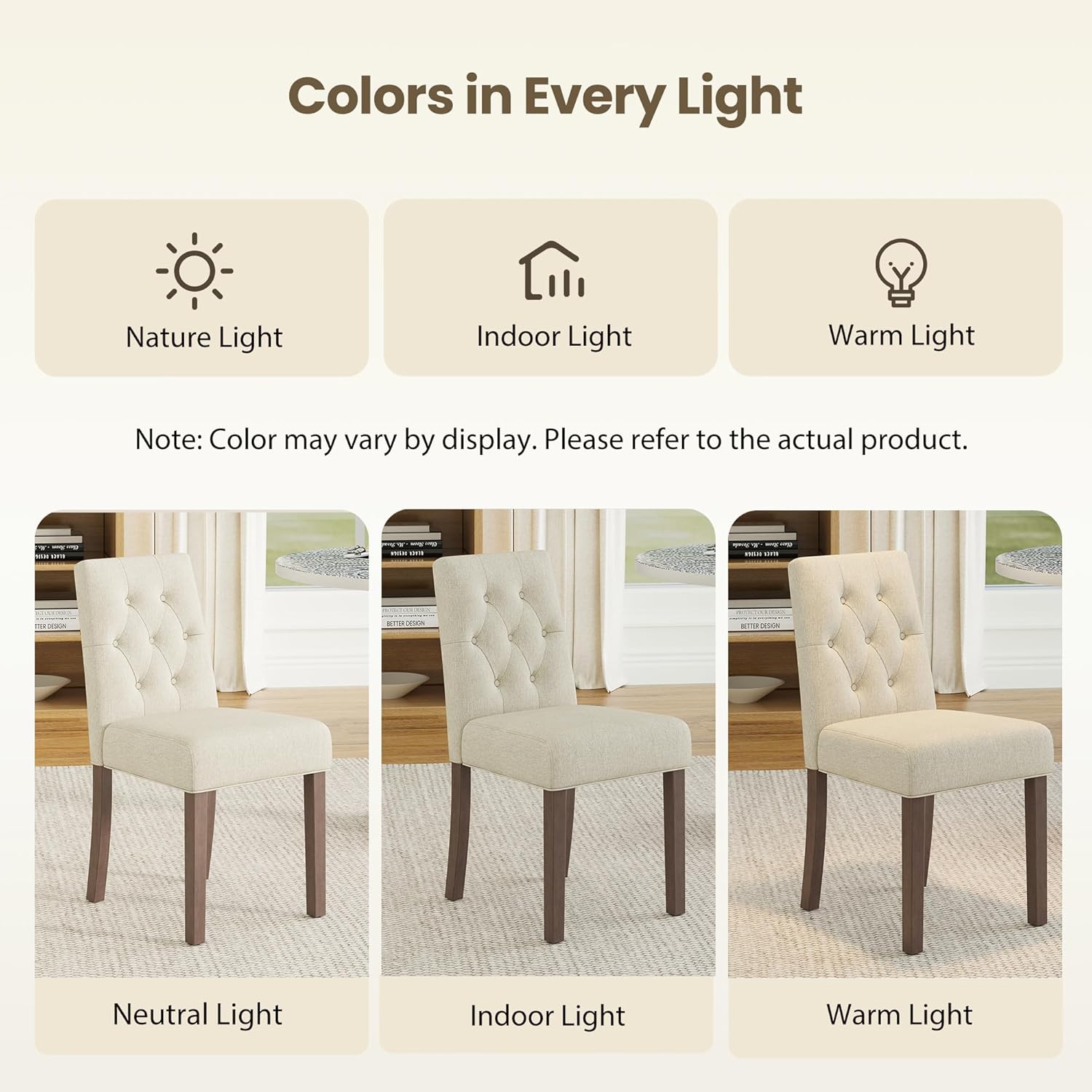 Upholstered Dining Chairs Set of 2, Modern Fabric Dining Chairs with Tufted Design, Kitchen Side Chairs, Farmhouse Dinner Chair with Wood Legs for Kitchen Restaurant Living Room, Beige