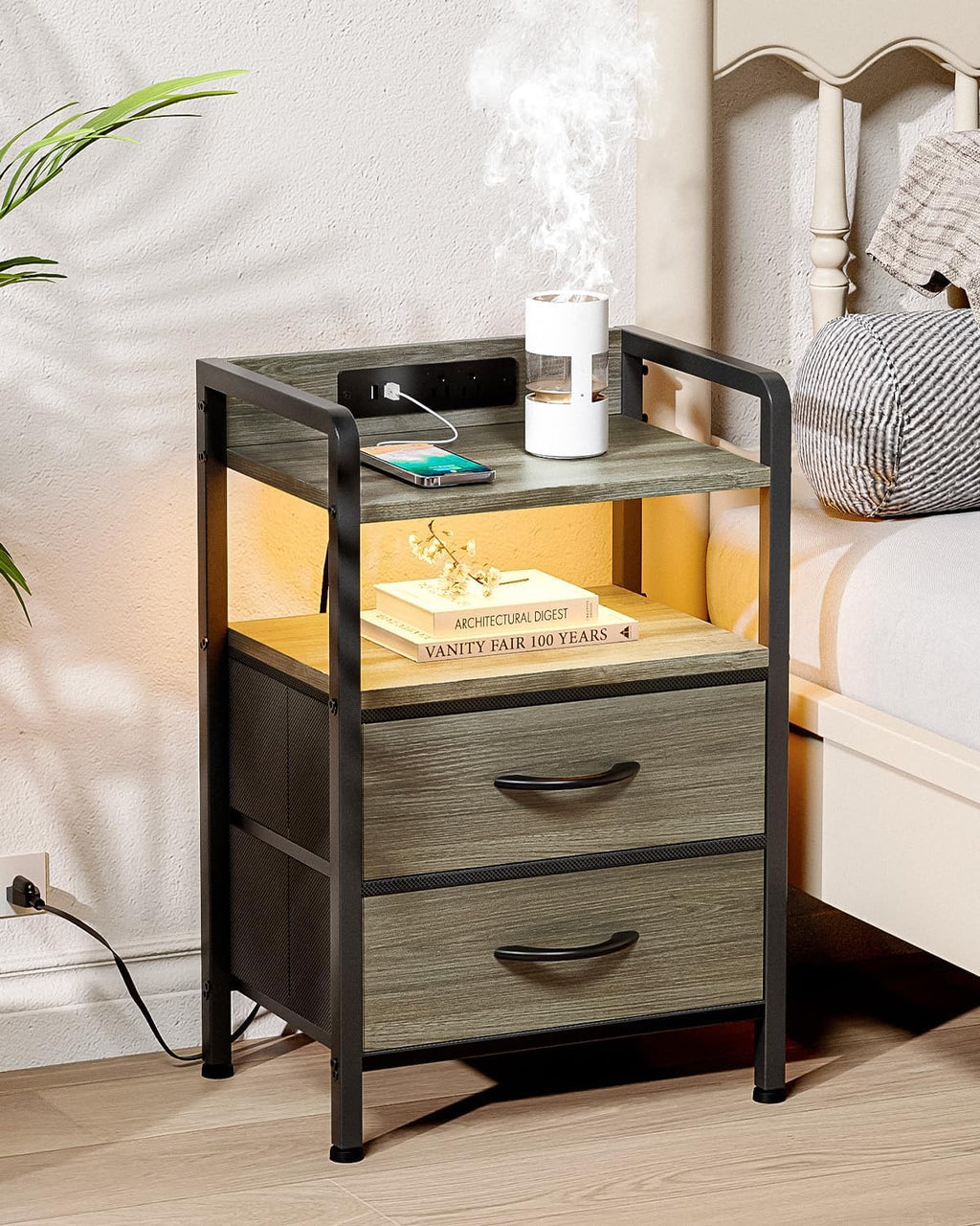 Lazzanto Night Stand Bedside Charger Bedroom - Grey Nightstand with Charging Station & LED Light Strip, Morden End Table with USB Ports & AC Outlets, Night Stand with Storage Shelf & 2 Fabric Drawers