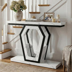 senlin Sofa Table 47.3 Inch Narrow Console Table with Openwork Frame, Industrial Entryway Table for Hallway, Rustic Wood and Metal, Adjustable Leg Pads, Easy Assembly（White Marble Texture）