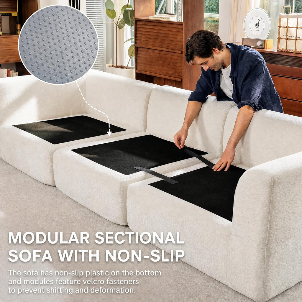 110" Oversized Cloud Sectional Boneless Couch, Modular Chenille L-Shaped Compressed Sofa with Ottoman & 3-in-1 Multi-Purpose Pillow, 3 Seater Memory Foam Couches for Living Room, Beige
