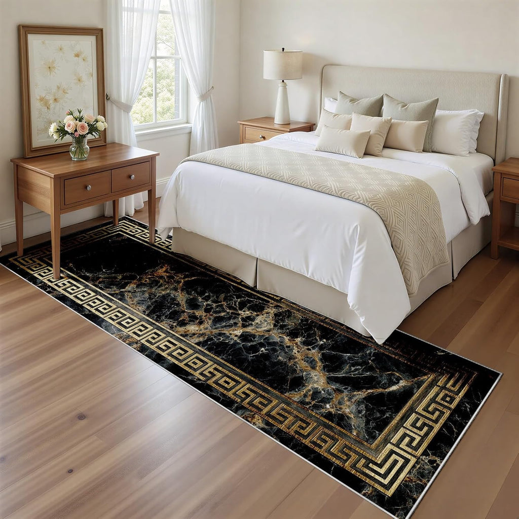 Greek Key Runner Rug 2x10 Washable Runners for Hallways, Non Slip Kitchen Runner Marble Printed Faux Wool Entryway Runner Indoor, Modern Black and Gold Floor Carpet for Hall Kitchen Bedroom