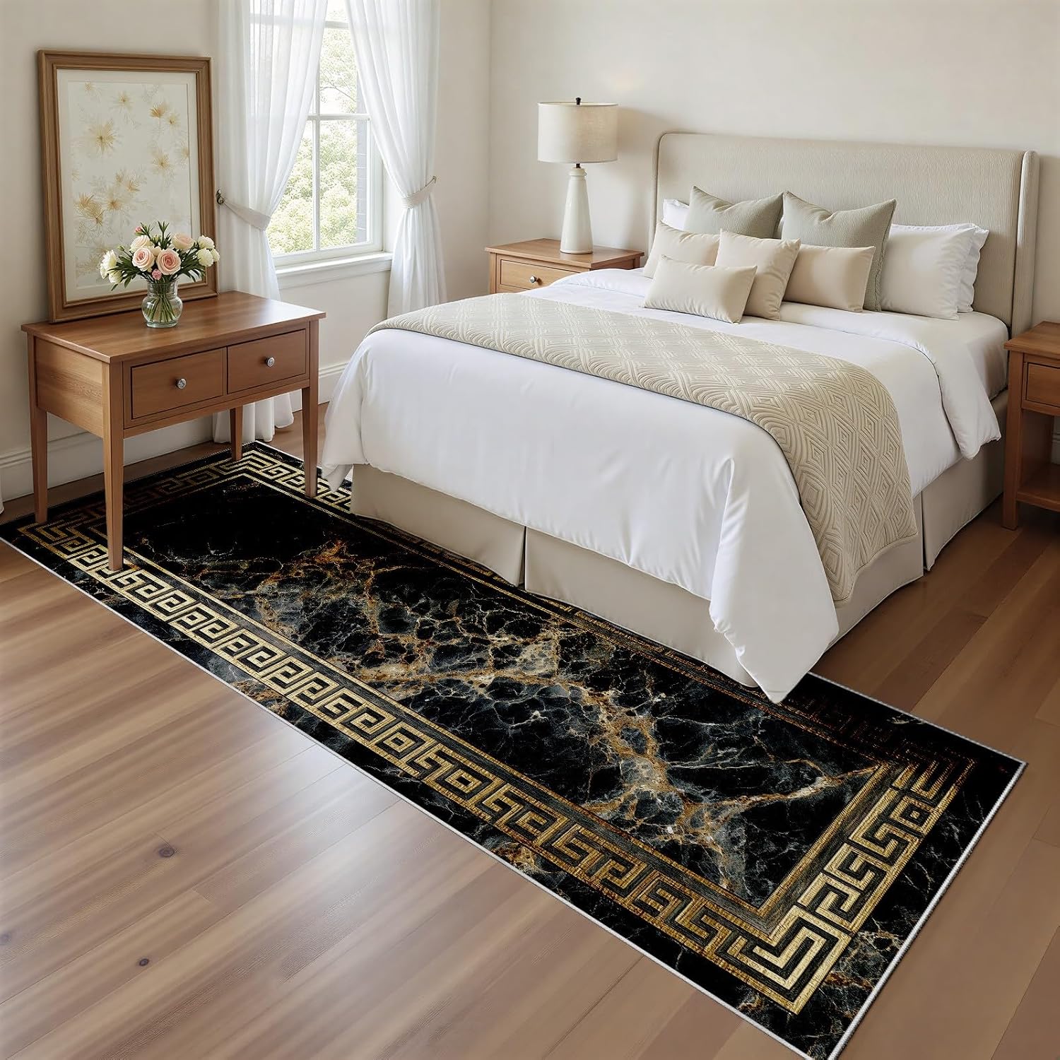 Greek Key Runner Rug 2x10 Washable Runners for Hallways, Non Slip Kitchen Runner Marble Printed Faux Wool Entryway Runner Indoor, Modern Black and Gold Floor Carpet for Hall Kitchen Bedroom