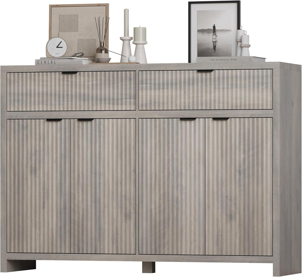 Fluted Sideboard Buffet Cabinet with Storage and Large Drawers, 55" W Credenza Storage Cabinet for Living Room or Entryway, 40'' H Farmhouse Buffet Table with Adjustable Shelves, Console Cabinet