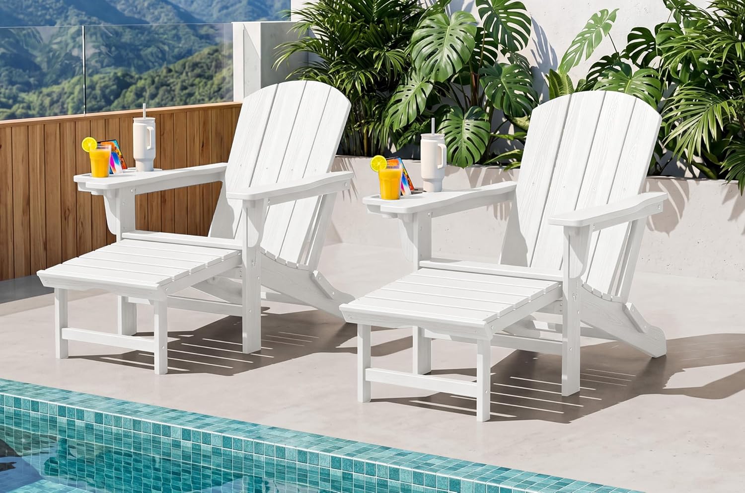SERWALL Folding Adjustable Adirondack Chairs with Footrest Set of 2, HDPE Outdoor Chair with 4-in-1 Cup Holders, All Weather Adirondack Chair with Ottoman, White