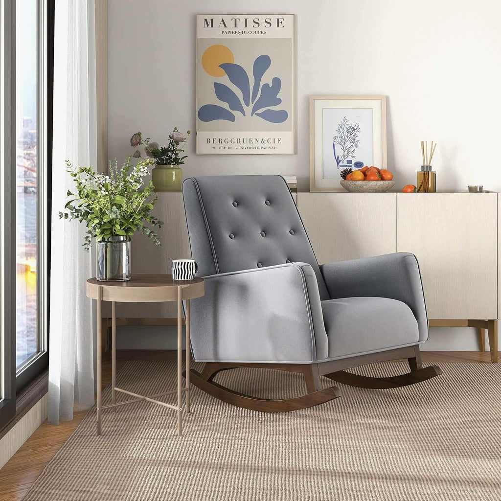 Rocking Chair, Nursery Rocking Chair, Stain Glider Rocking Chair, Light Grey Fabric Solid Wood Frame Accent Lounge Chair for Living Room Bedroom Reading, 300 lb Capacity