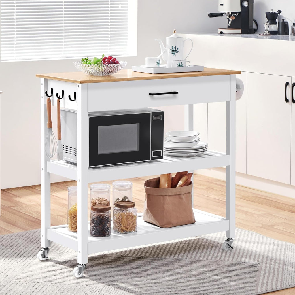 Yaheetech Kitchen Island Cart on Wheels with Bamboo Tabletop, 3-Tier Rolling Kitchen Island Microwave Cart with Drawer, Detachable Towel, 3 Hooks, 17" D x 37.5" W, White