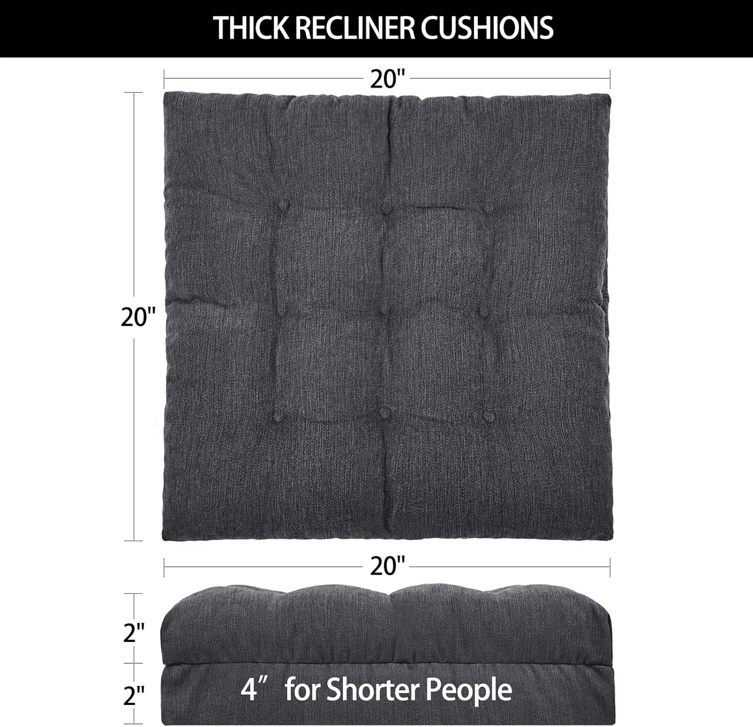 Recliner Cushions for Elderly, 20x20x4 Inch Thick Chair Cushion for Shorter Users Patent Design Soft Tufted Dual Layer Booster Seat Cushions for Seniors Recliner Risers Gray 1P