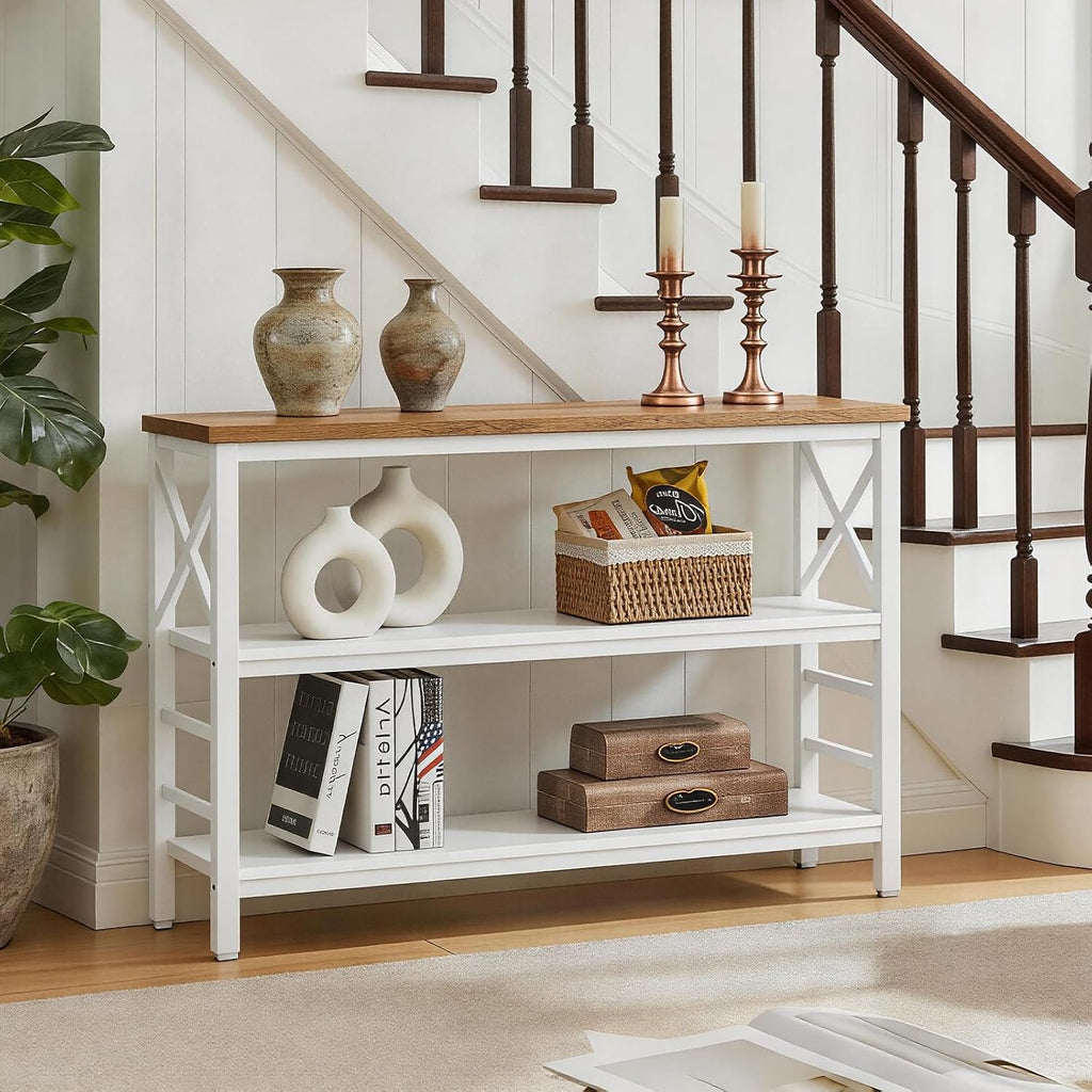 HOMBAZAAR Sofa Table,Industrial Console Table with Storage,Entryway Table with Engineered Wood and Metal,Rustic 3 Tier Shelf for Living Room,Hallway,White and Brown,47 Inch