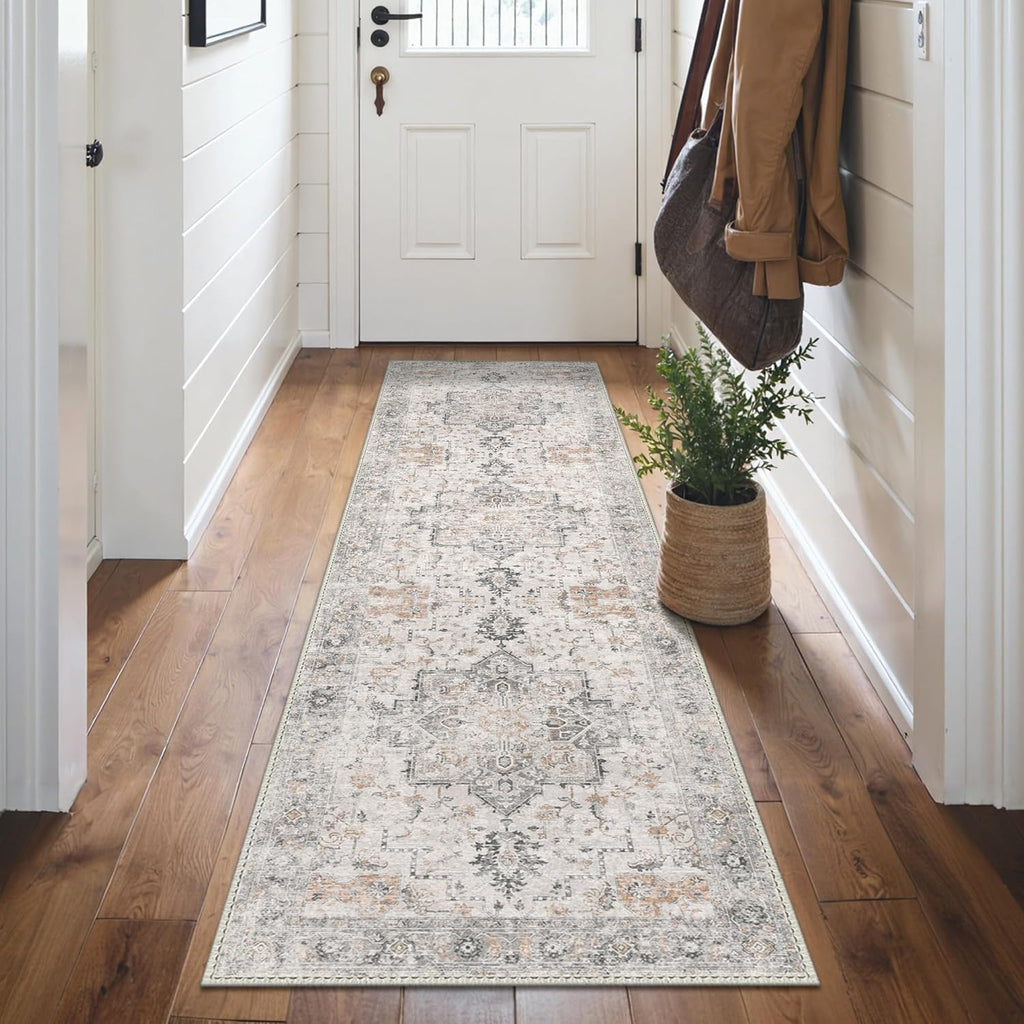 GENIMO Runner Rug 2x5 Non Slip Machine Washable Vintage Hallway Runner Kitchen Rug, Low Pile Lightweight Rugs for Entryway, Hallway, Kitchen and Corridor, Light Taupe Brown