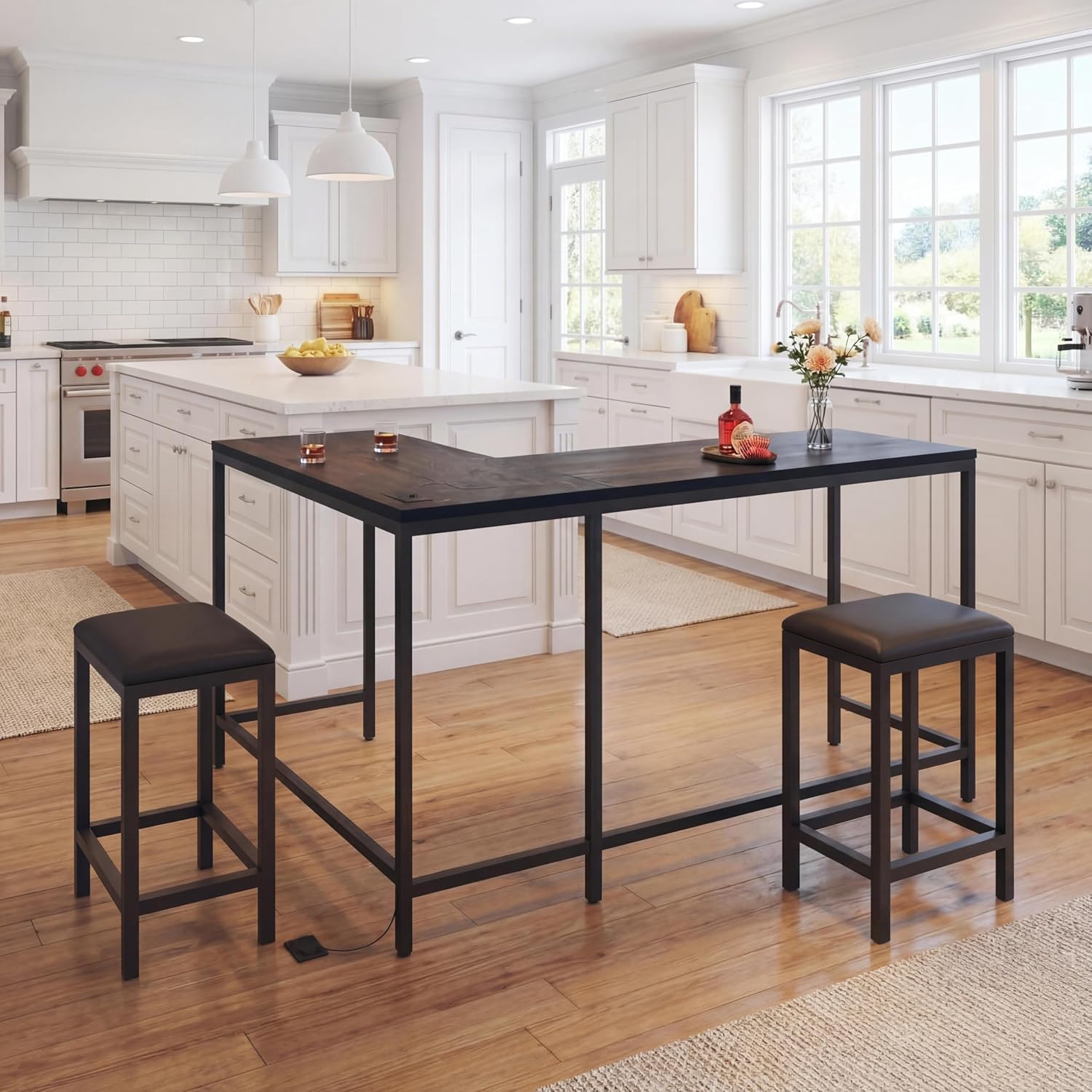 GarveeHome 63" l-Shaped Convertible Bar Table Set with Power Outlets, 3-Piece Counter Height Dining Set for 2-4, Space Saving Kitchen Breakfast Nook Corner Table with 2 Stools
