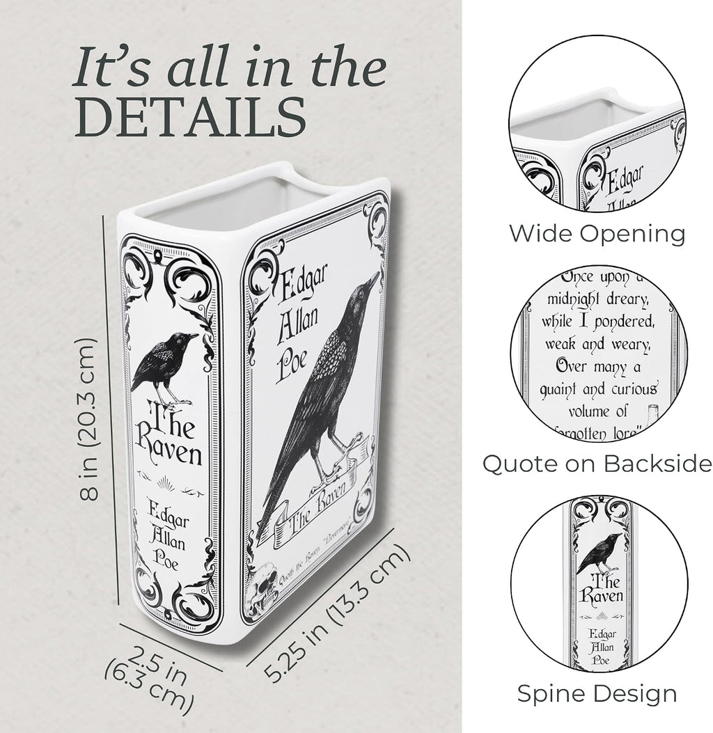 Steel Mill & Co Original Large Book-Shaped Decorative Vase, Ceramic Vases for Home Decor, Gothic Bookshelf Decor, Unique Vase for Book Lovers (The Raven - White)