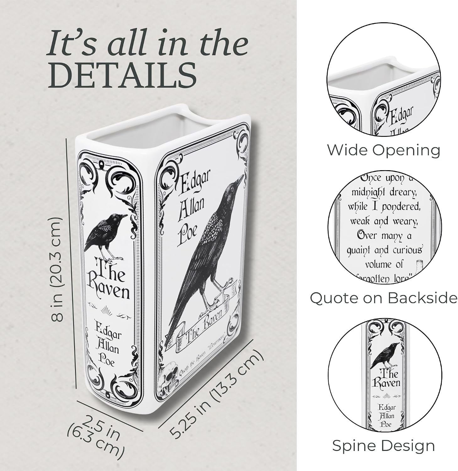 Steel Mill & Co Original Large Book-Shaped Decorative Vase, Ceramic Vases for Home Decor, Gothic Bookshelf Decor, Unique Vase for Book Lovers (The Raven - White)