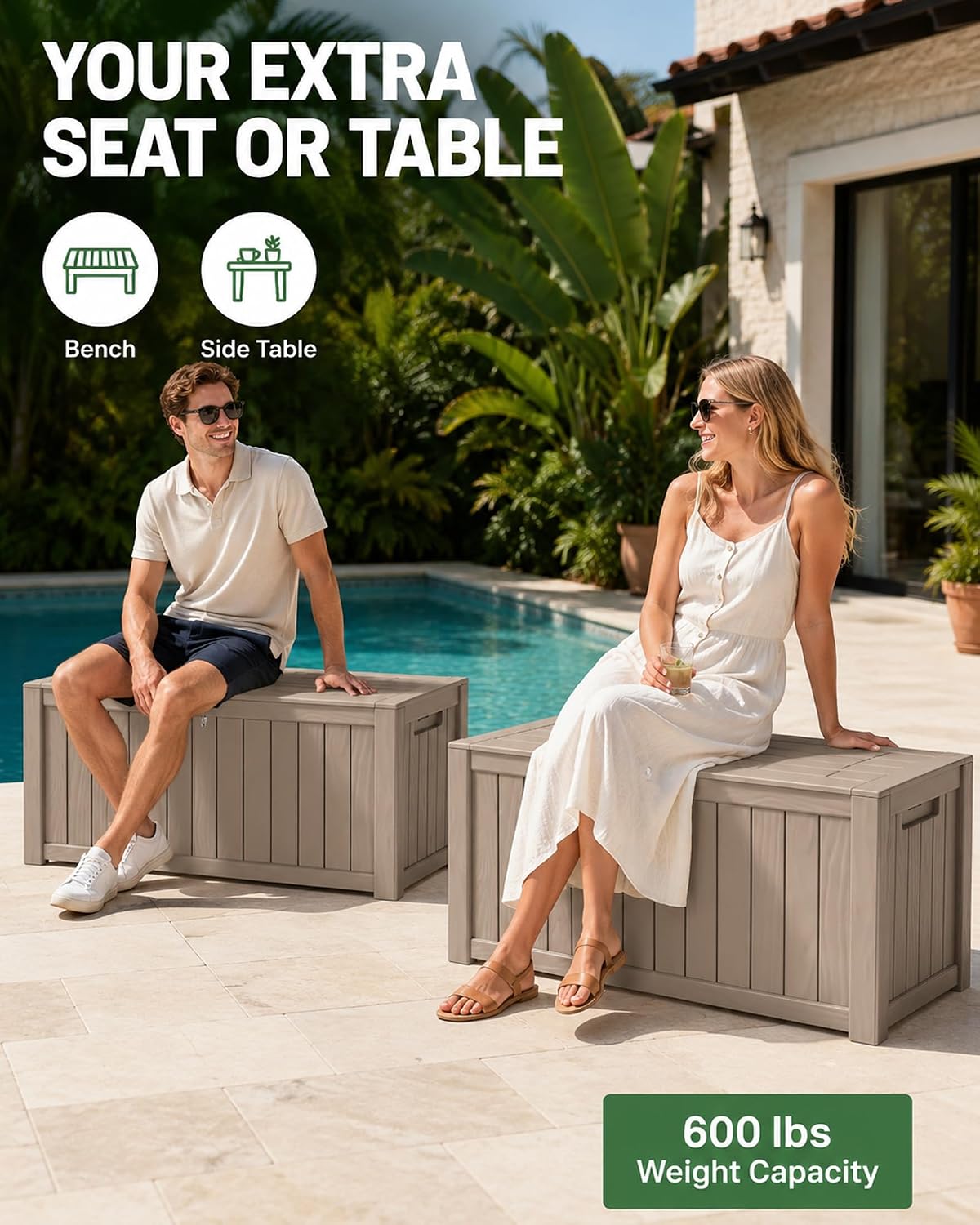 155 Gallon Waterproof Outdoor Storage Box, Large Lockable Deck Box, Indoor Outdoor Resin Storage Bench with Hydraulic Rod for Patio Furniture/Cushions/Garden Tools/Backyard/Pool Accessories, Brown