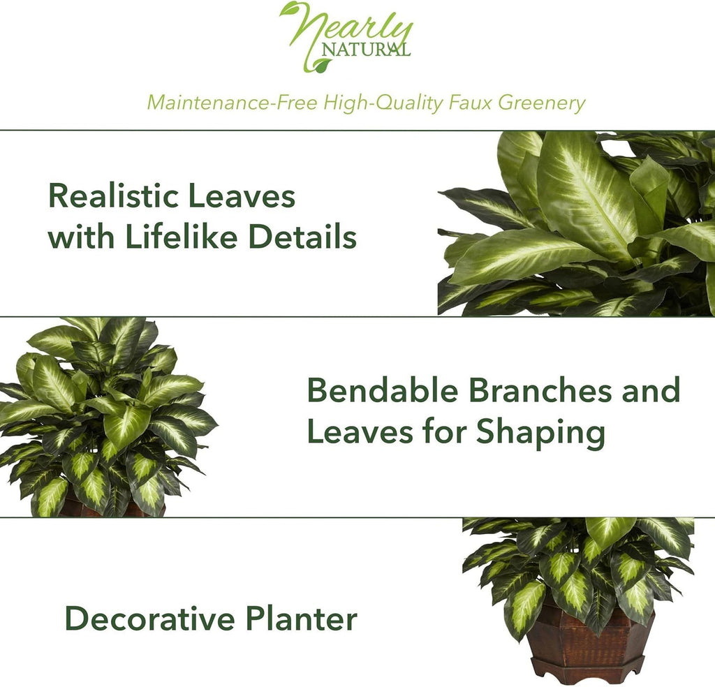 Nearly Natural 24in Artificial Dieffenbachia Silk Plant with Modern Hexagon Planter, Maintenance-Free Indoor Faux Greenery for Room Decor
