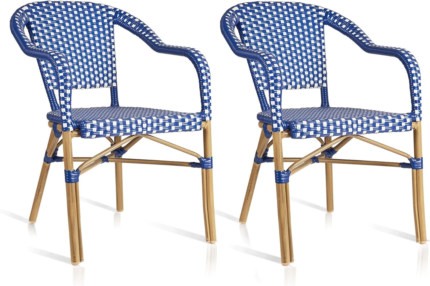 PURPLE LEAF Bistro Chairs Set of 2 French Hand-Woven Wicker Armchairs Outdoor Dining Chairs for Patio Porch Garden Indoor Bamboo Print Finish Deep Blue
