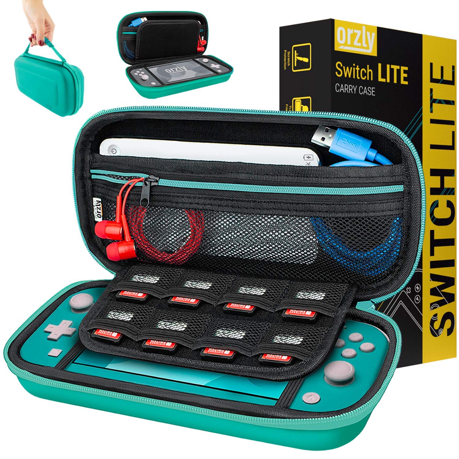 Orzly Turquoise Carry Case for Switch Lite - Portable Travel Case with Game Storage & Accessories - Gift Box Edition