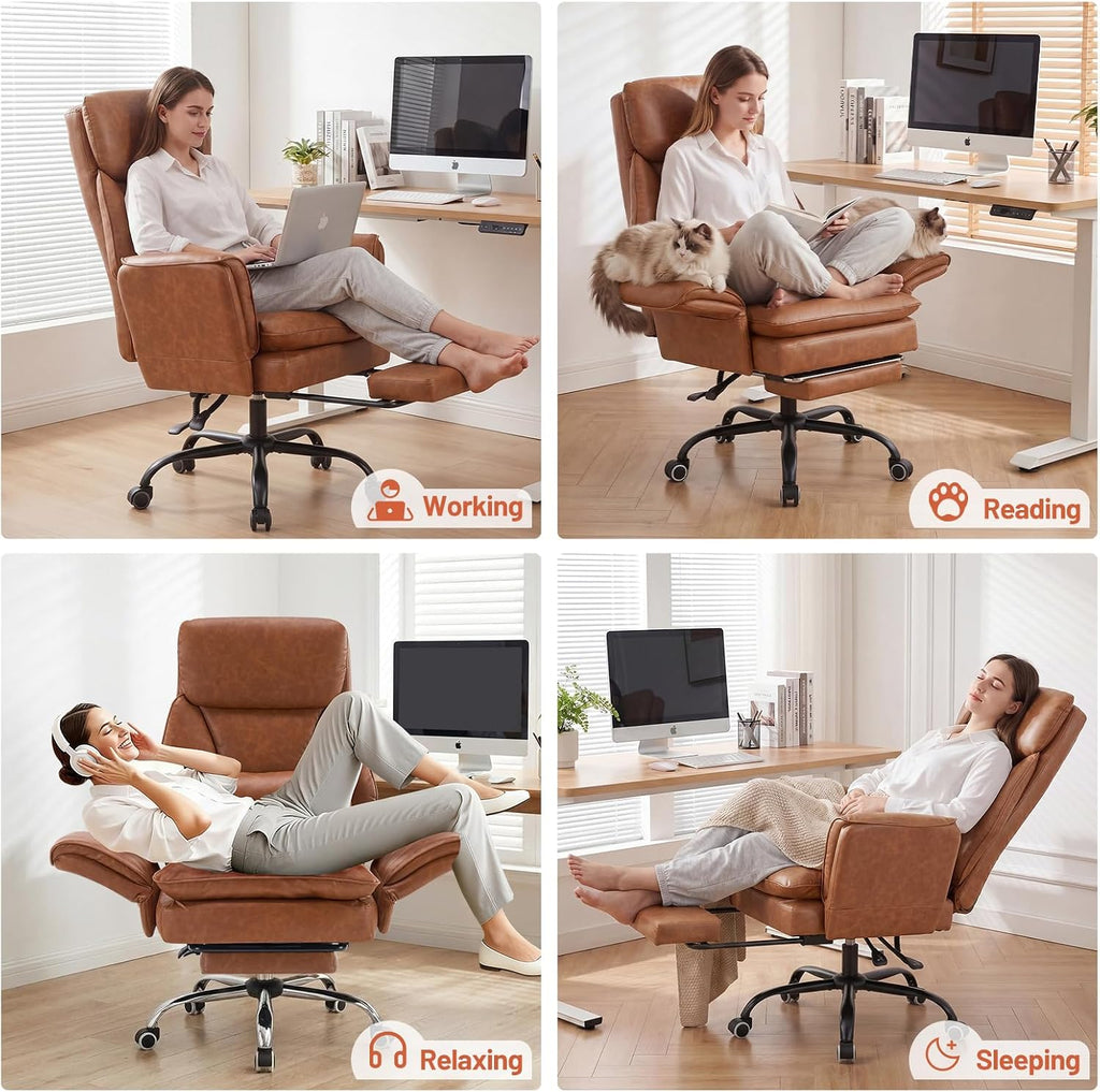 Furniliving Big and Tall Office Chair, Ergonomic Computer Desk Chair with Footrest, Wide Seat Reclining Gaming Chair, Flip Armrests for Cross Legged Sitting, Heavy Duty Support up to 400LBS, PU, Brown