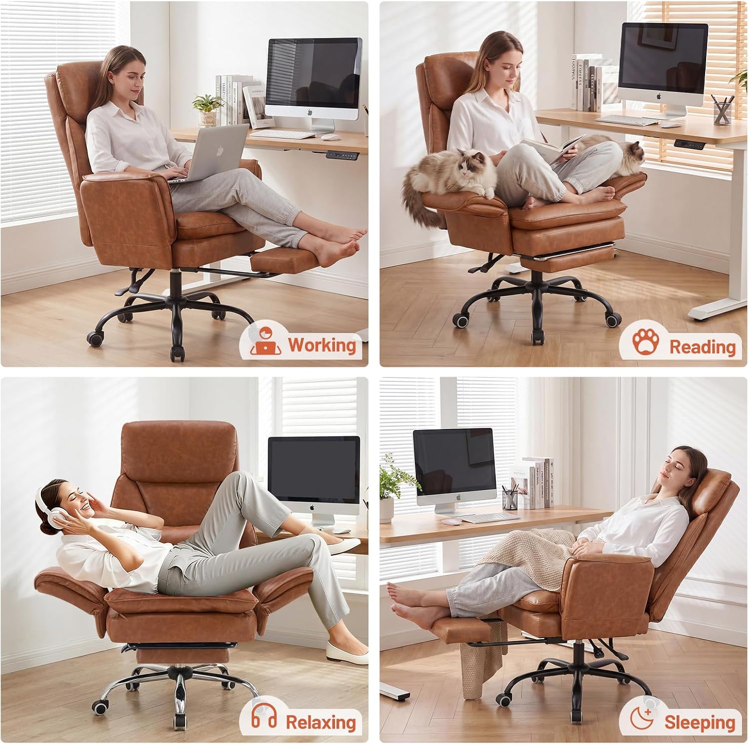 Furniliving Big and Tall Office Chair, Ergonomic Computer Desk Chair with Footrest, Wide Seat Reclining Gaming Chair, Flip Armrests for Cross Legged Sitting, Heavy Duty Support up to 400LBS, PU, Brown