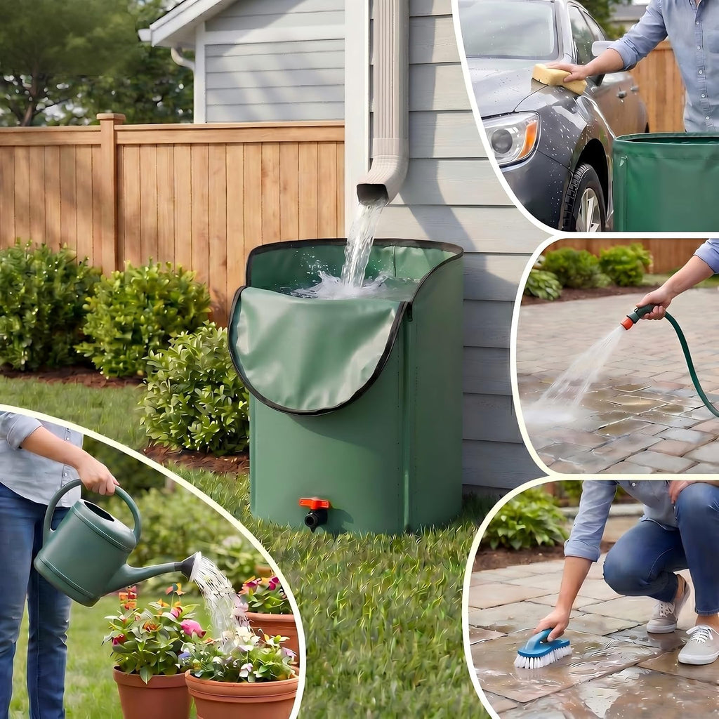 Collapsible 50 Gal Rain Barrel with Overflow Kit – Leakproof Water Storage Tank with Dual Spigots & Fine Mesh Filter, Ideal for Garden Irrigation, Car Washing, and Yard Cleaning