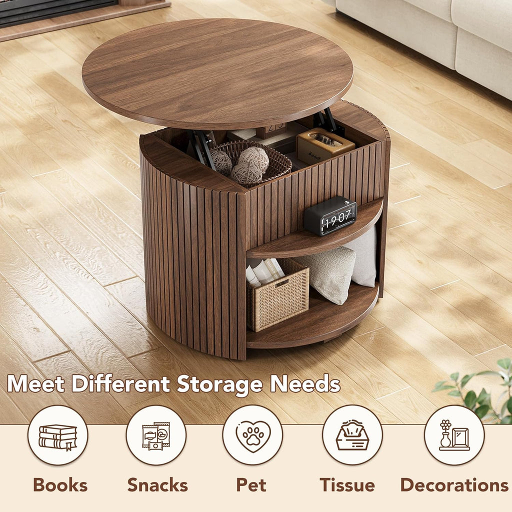 Decofy Round Lift Top Coffee Table with Storage, Fluted Mid-Century Modern Coffee Tables for Living Room, with Hidden Compartment & Open Shelves, for Small Spaces & Home Office(26.77" Walnut)