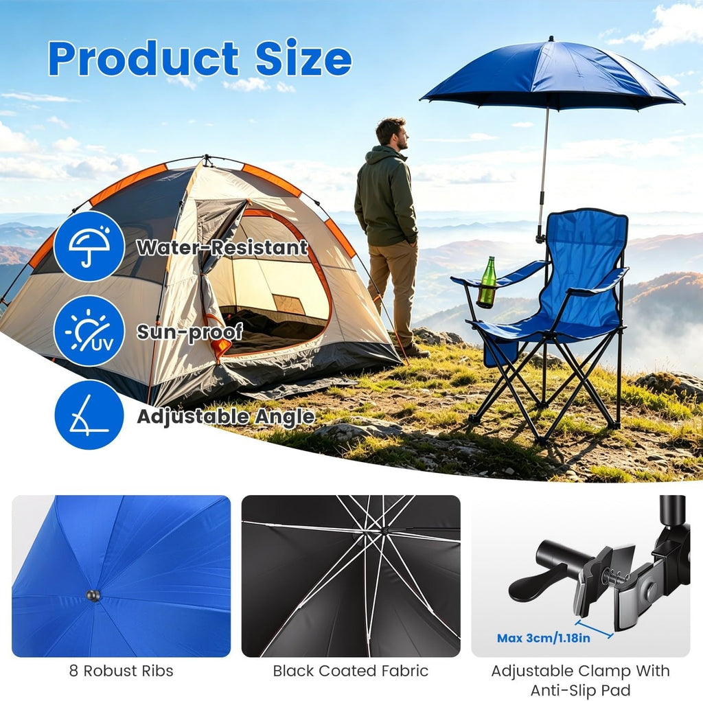 Folding Camping Chair with Detachable 8-Rib Sun Umbrella, 42 Inch Canopy Aluminum Alloy Portable Lawn Chair, Supports 330 lbs, Cup Holder, for Beach Camping Travel