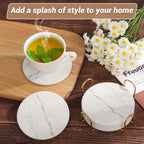 Acejoz Drink Coasters with Holder for Coffee Table, Absorbent Coasters Set of 6, Marble Style Ceramic Coaster for Wooden Table, Suitable for Kinds of Cups, Home Decor, 4 Inches(White)