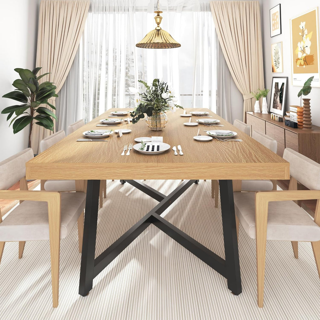 71" Farmhouse Dining Table for 4,6,8 People,Wooden Rustic Kitchen Table W/Thickness Waterproof Wood Tabletop,Rectangular Long Brown Dinner Table for Home Office,Dining Room,Living Room Furniture