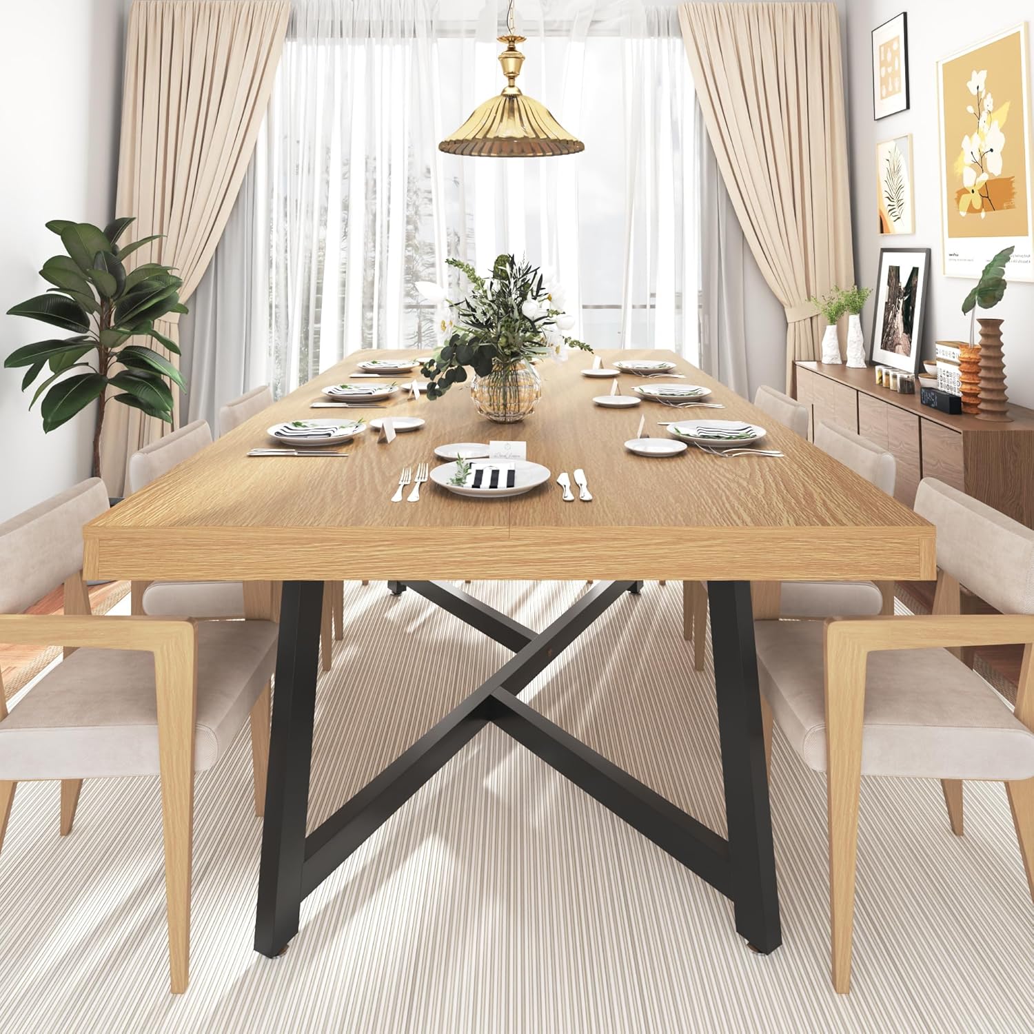 71" Farmhouse Dining Table for 4,6,8 People,Wooden Rustic Kitchen Table W/Thickness Waterproof Wood Tabletop,Rectangular Long Brown Dinner Table for Home Office,Dining Room,Living Room Furniture
