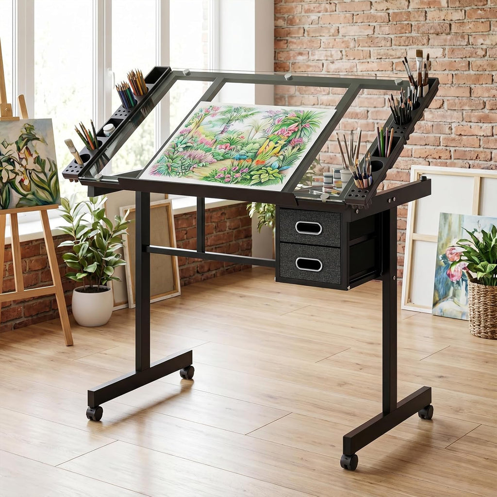 XEW Adjustable Drafting Table Desk Without Stool – Multi-Functional Art Desk for Adults, Drawing & Painting Table, Artist Desk & Drafting Table, Art Table, Tempered Glass Black C