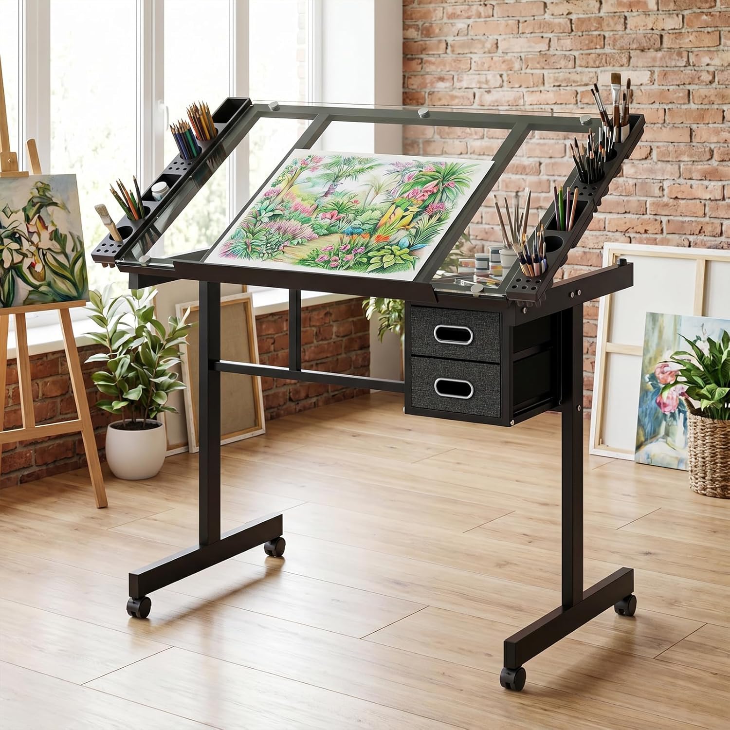 XEW Adjustable Drafting Table Desk Without Stool – Multi-Functional Art Desk for Adults, Drawing & Painting Table, Artist Desk & Drafting Table, Art Table, Tempered Glass Black C