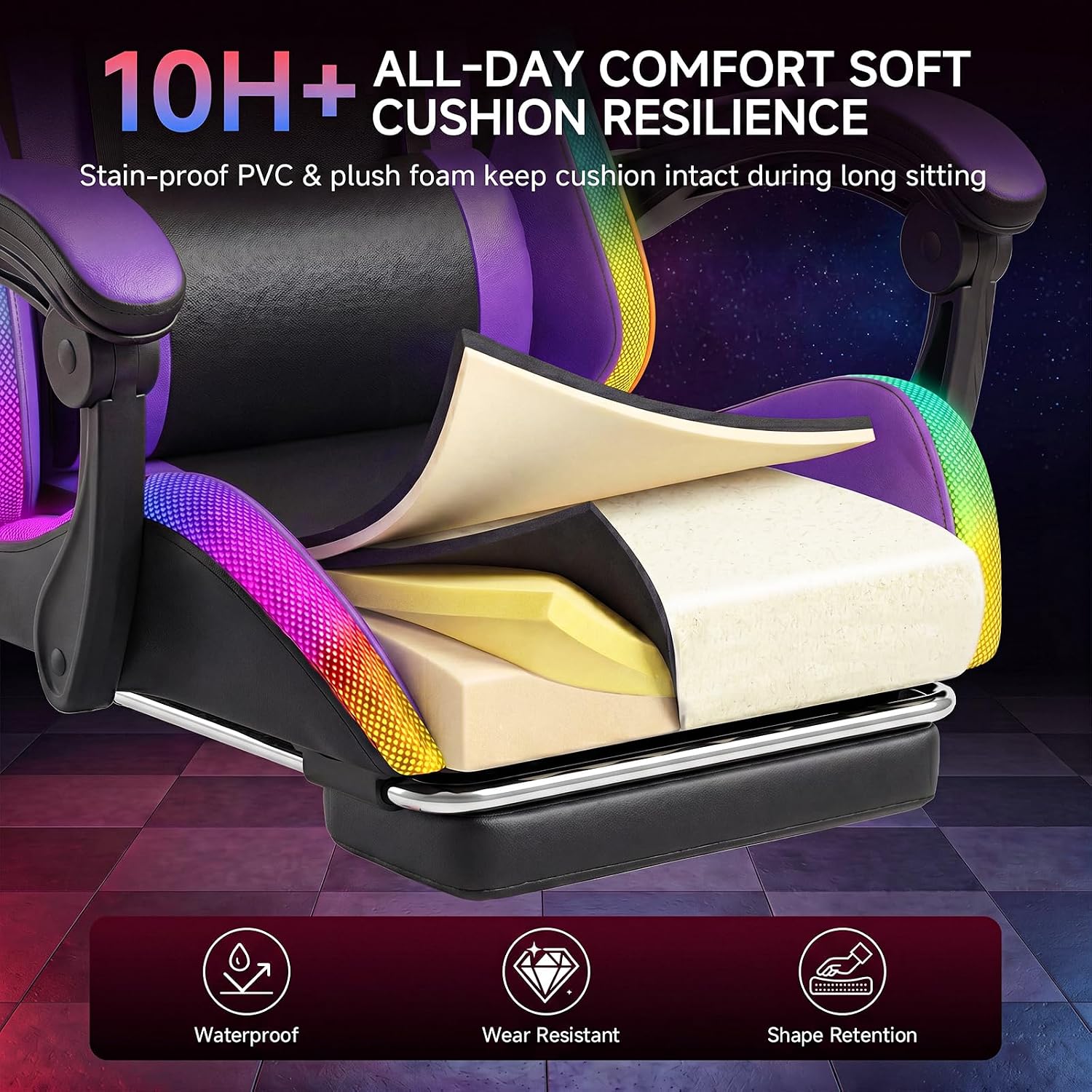 Gaming Chair with RGB LED Lights, Ergonomic Video Game Chair with Footrest, High Back PC Chair, Lumbar Support and Headrest, Reclining Gamer Chair for Adults, 380 lbs Capacity (Purple)