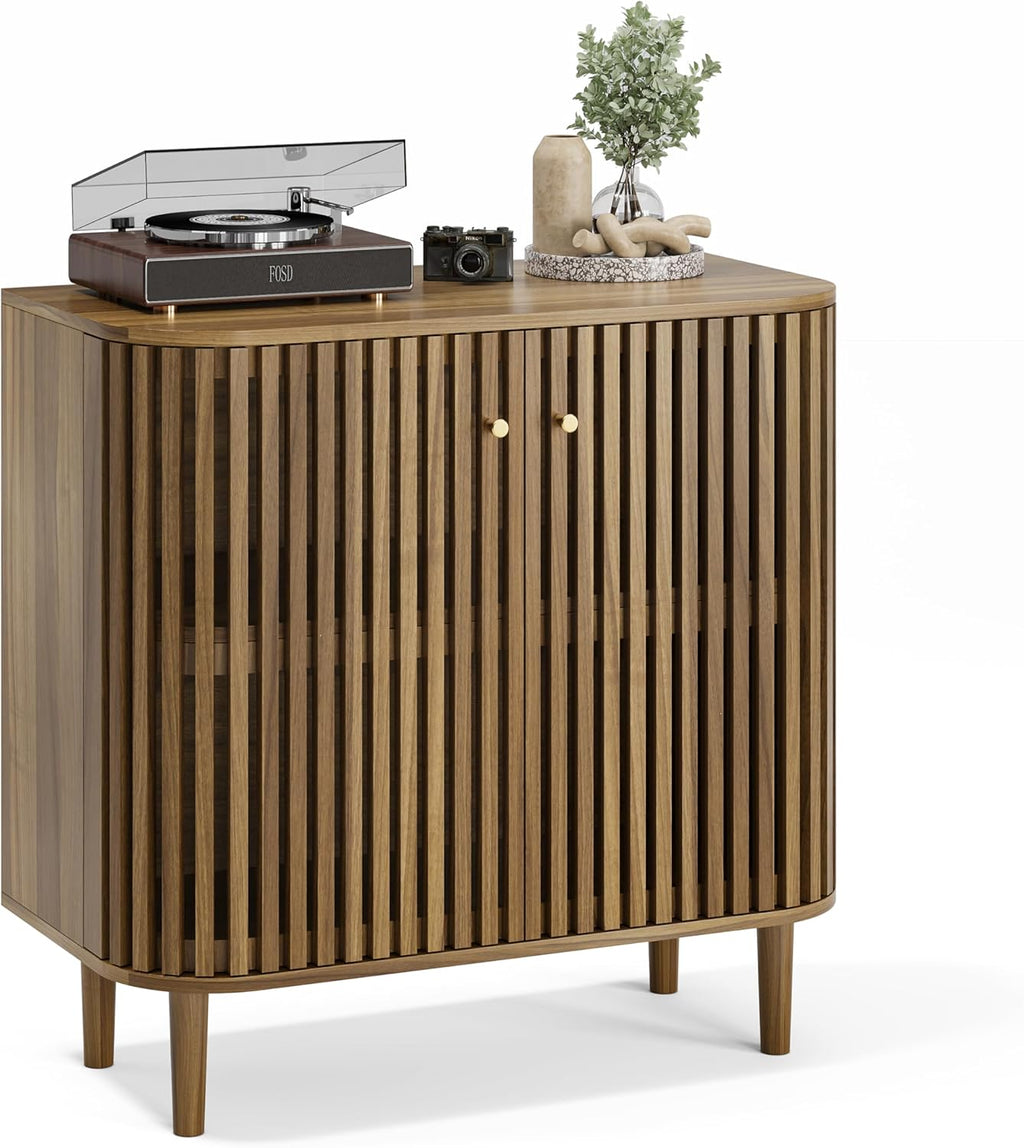 Smuxee Walnut Sideboard Cabinet with Unique Grille Stripe Design, Freestanding Buffet Cabinet with Curved Edge Design, Wood Storage Cabinet for Living Room, Entryway, Hallway