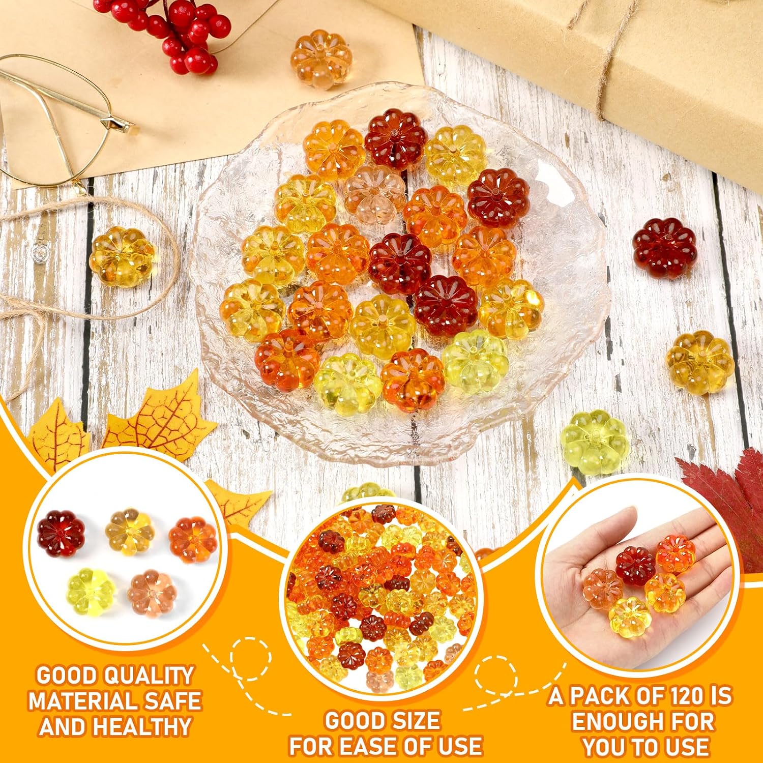120Pcs Mini Pumpkins Ornaments Pumpkin Vase Filler Acrylic Pumpkin Crystals Gems Table Scatters for Fall Autumn Thanksgiving Halloween Decoration Party Favors Craft Supplies