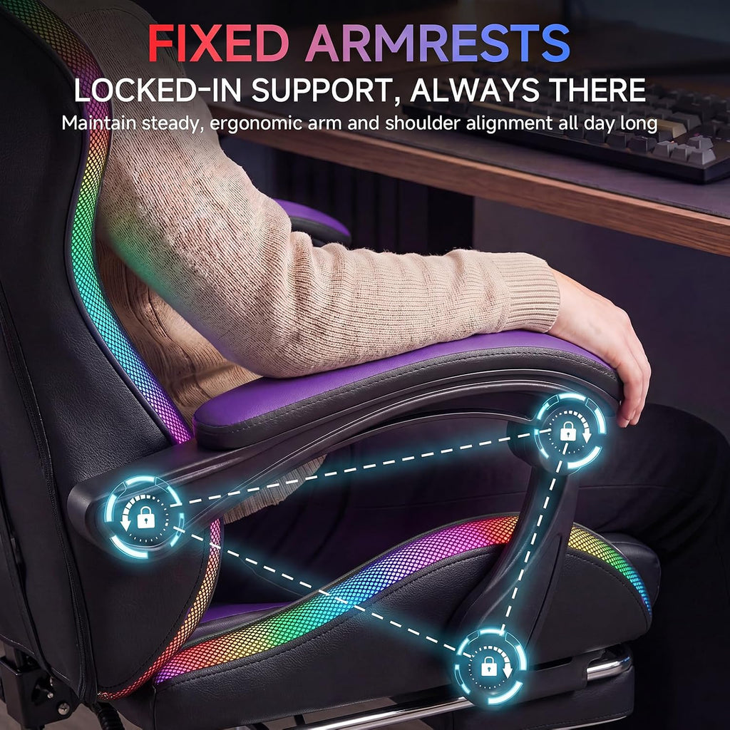 Gaming Chair with RGB LED Lights, Ergonomic Video Game Chair with Footrest, High Back PC Chair, Lumbar Support and Headrest, Reclining Gamer Chair for Adults, 380 lbs Capacity (Purple)