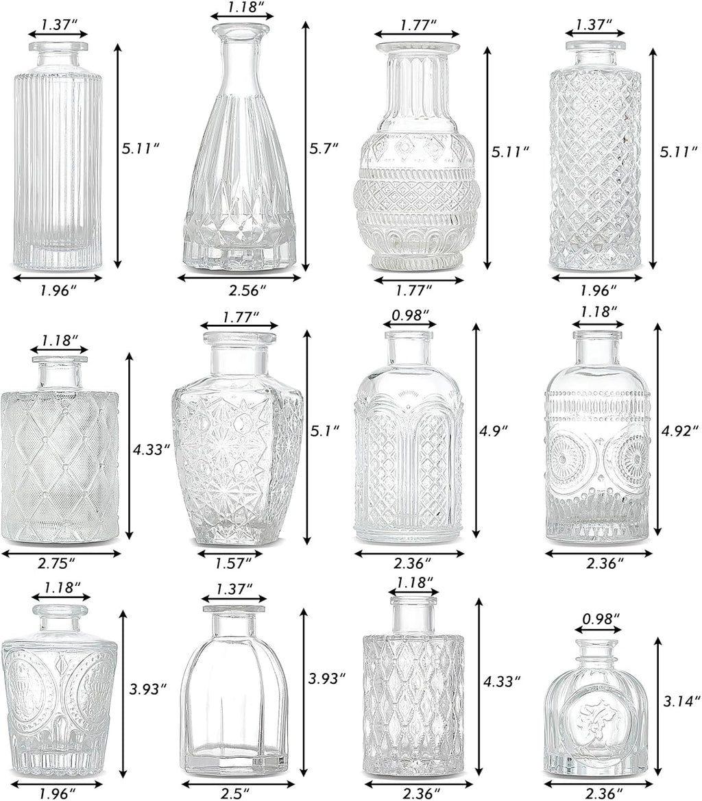 Glass Bud Vases Set of 12, Small Vases for Flowers, Clear Bud Vases in Bulk for Centerpieces Mini Vintage Vase for Rustic Home Wedding Table Decorations