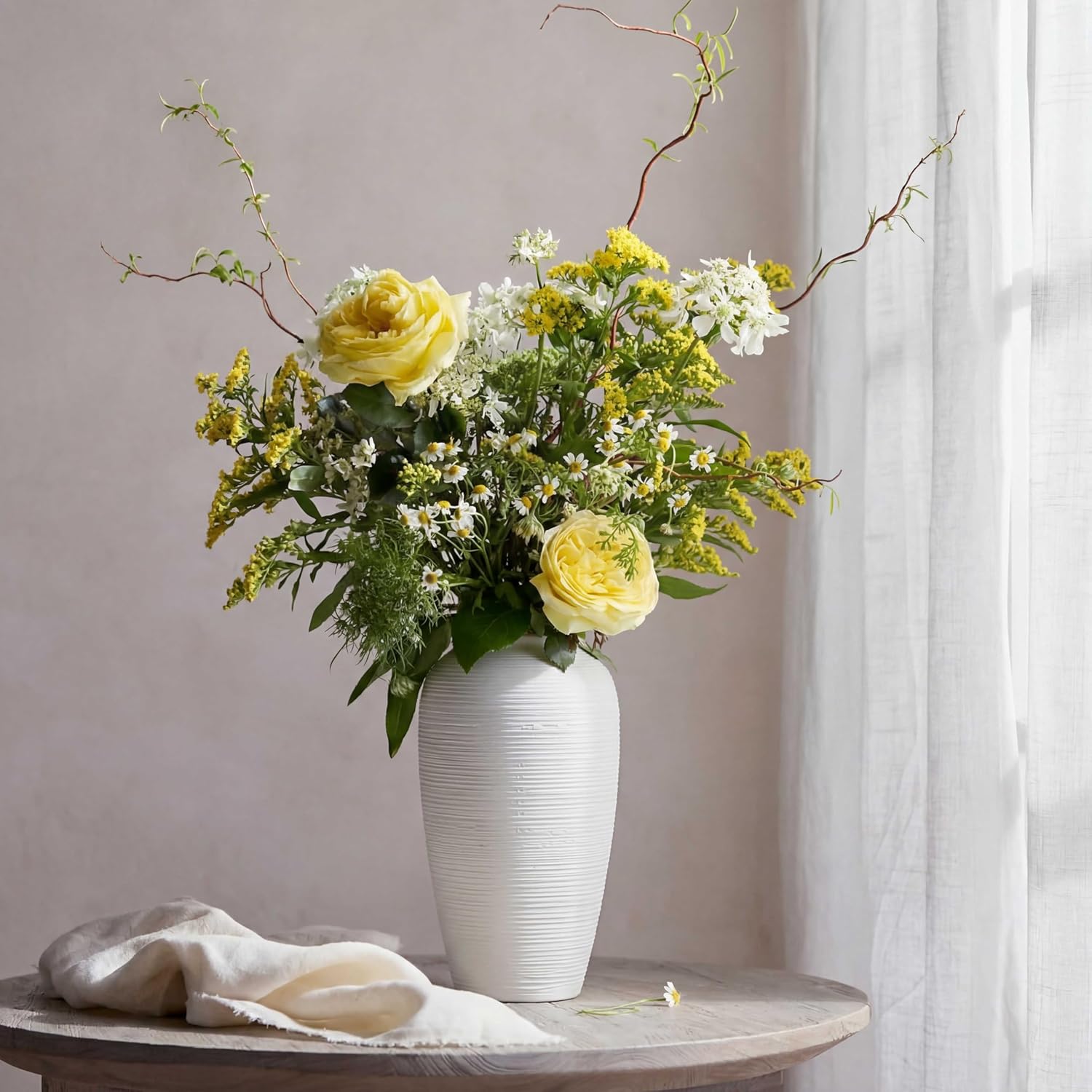 Off-White 12.6” Ceramic Vase for Home Decor, Farmhouse & Boho Decorative Pottery Vase for Table Centerpiece, Mantel, Shelf, Living Room, Kitchen, and Entryway (White Ribbed - 12.6" Tall)